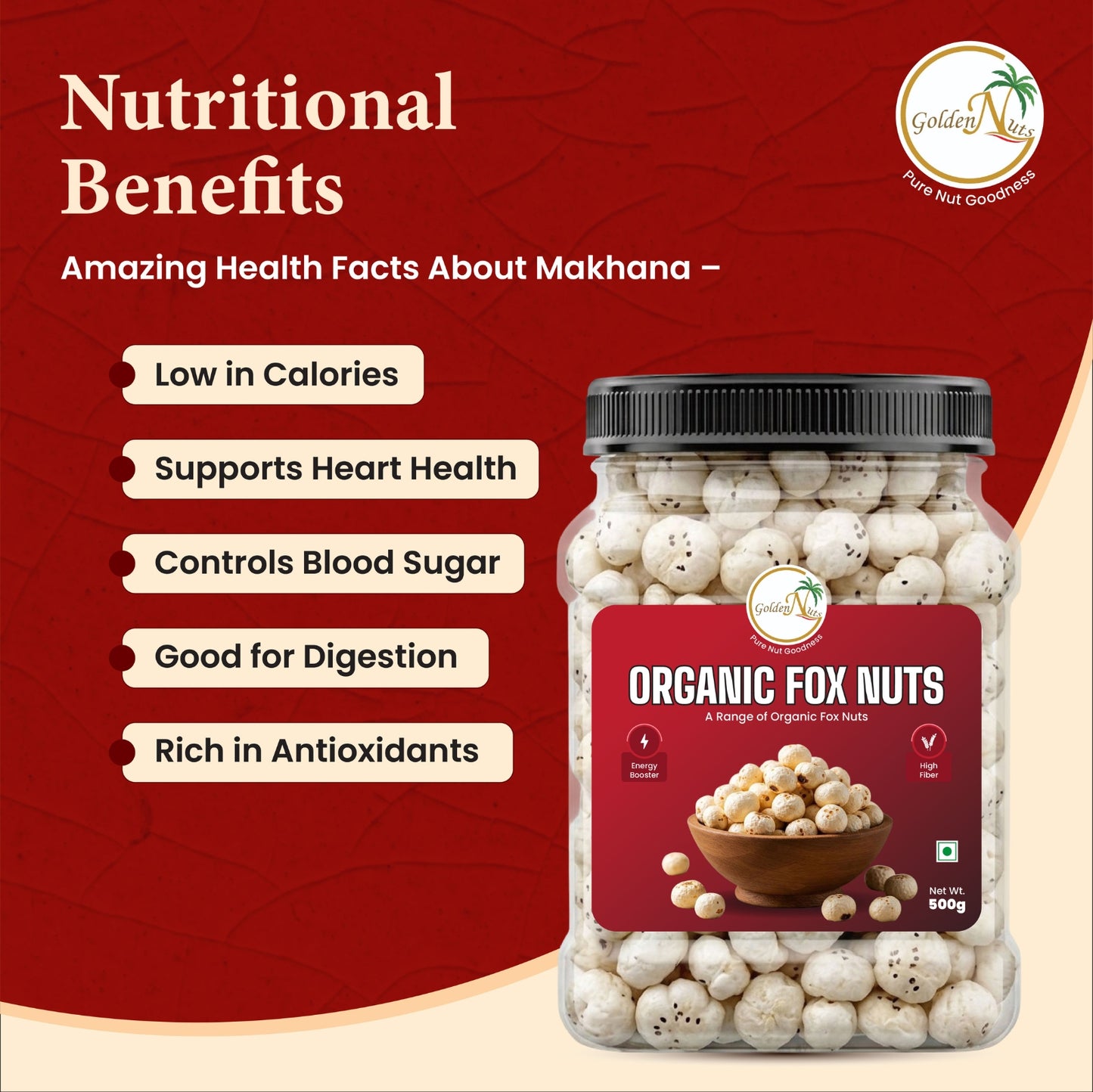 Golden Nuts Premium Phool Makhana (Fox Nuts) - 500g Jar